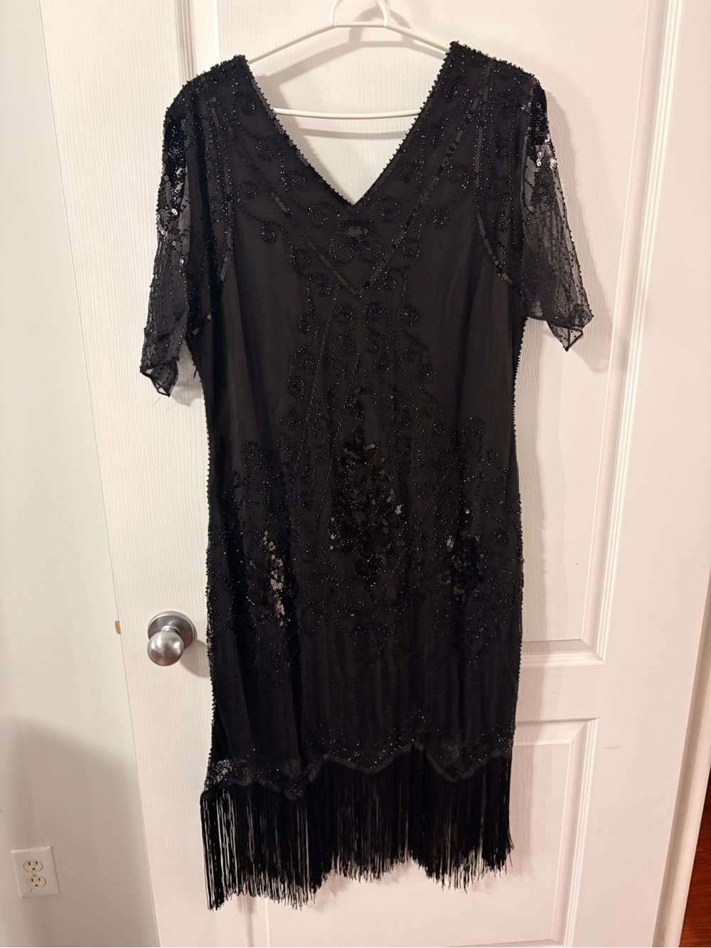 Black Sequin Fringe Flapper Dress Costume with Gloves Size L/XL New